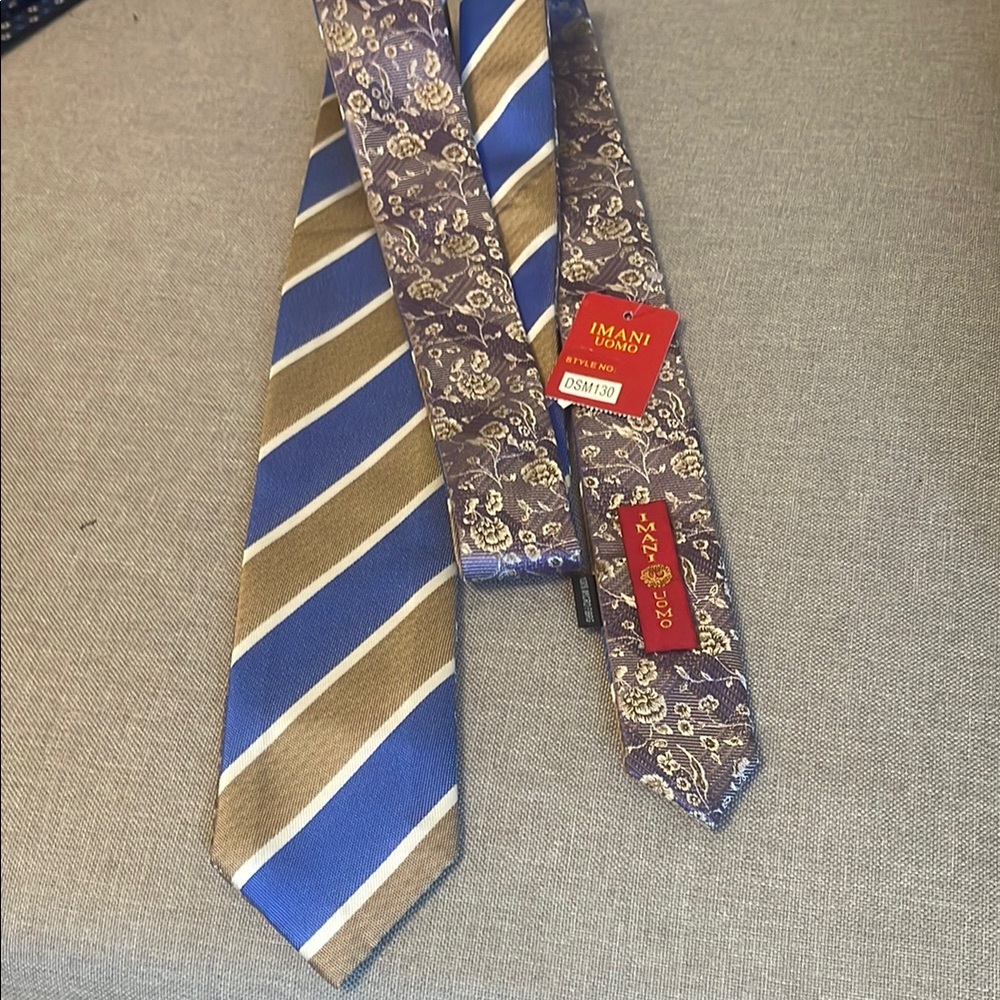 Imani Uomo reversible Purple and Gold Floral Tie and blue stripes.